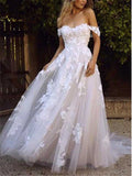 Abito da sposa affascinante in tulle e pizzo applicato, spalle scoperte, linea A, WD0471