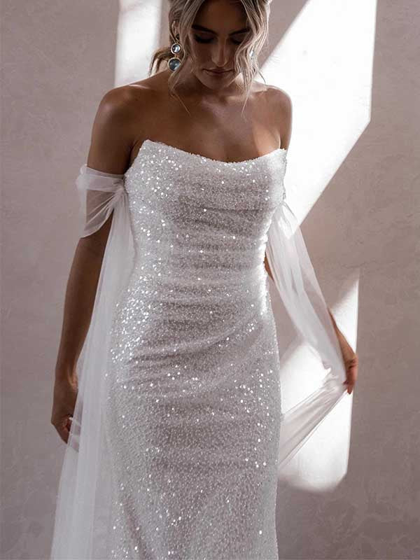 Abito da sposa sirena scintillante, spalle scoperte, WD0472