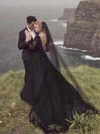 Schwarzes A-Linien-Brautkleid mit V-Ausschnitt und langen Ärmeln, WD0474