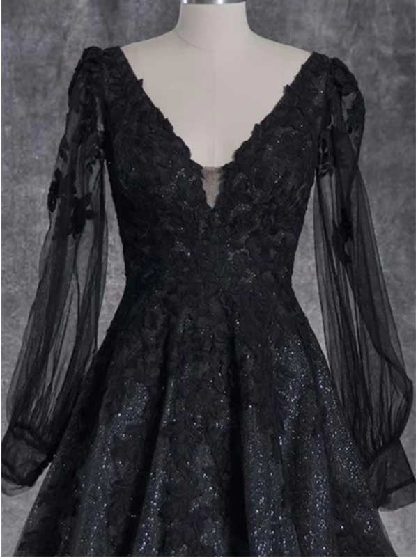 Schwarzes A-Linien-Brautkleid mit V-Ausschnitt und langen Ärmeln, WD0474