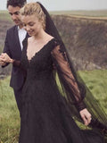 Abito da sposa nero, linea A, scollo a V, maniche lunghe, WD0474
