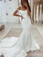 Abito da sposa sirena in raso e pizzo bianco senza maniche, con bretelline e strascico, WD0476