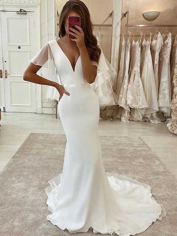 Robe de mariée sirène blanche en satin et tulle à manches courtes et col en V, WD0477