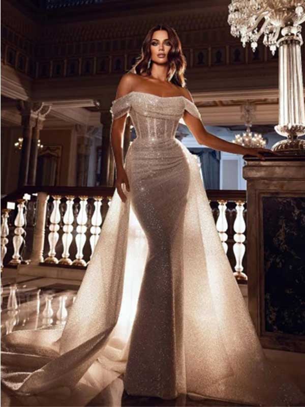 Abito da sposa sirena spalle scoperte con paillettes scintillanti e strascico a strascico, WD0480