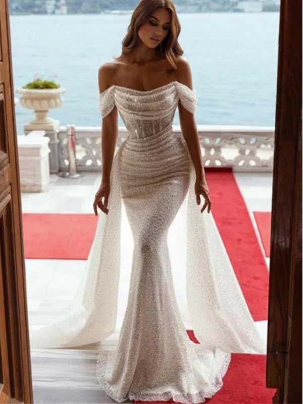 Abito da sposa sirena spalle scoperte con paillettes scintillanti e strascico a strascico, WD0480