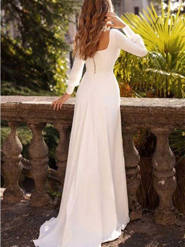 Robe de mariée blanche satinée à manches longues, coupe A et encolure carrée, WD0481