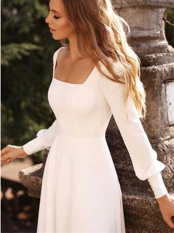 Robe de mariée blanche satinée à manches longues, coupe A et encolure carrée, WD0481