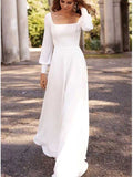 Robe de mariée blanche satinée à manches longues, coupe A et encolure carrée, WD0481