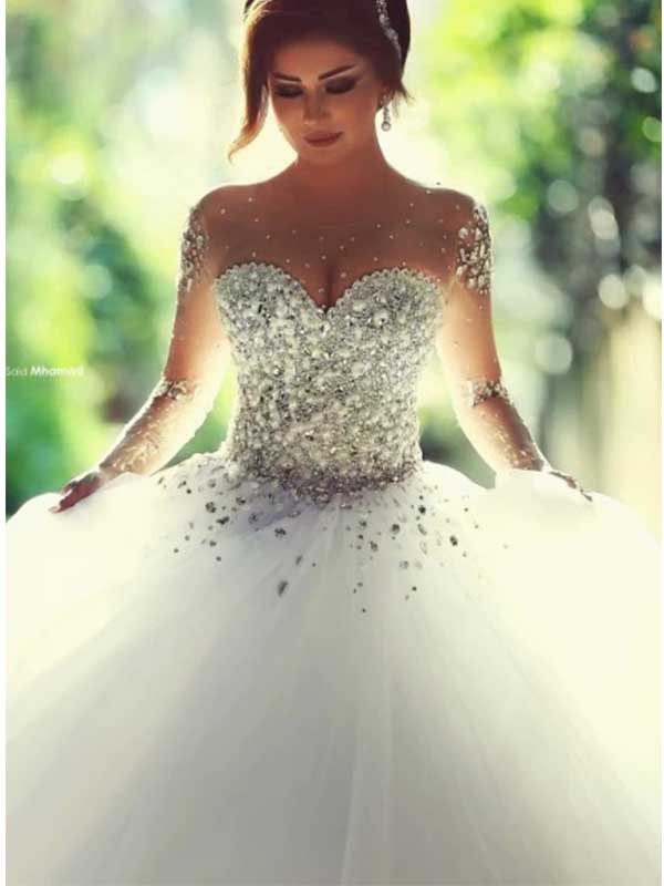 Glitzerndes Brautkleid mit langen Ärmeln und Herzausschnitt und Perlen, WD0488