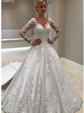 Vestido de noiva elegante com mangas compridas e decote em V, aplicações, WD0489