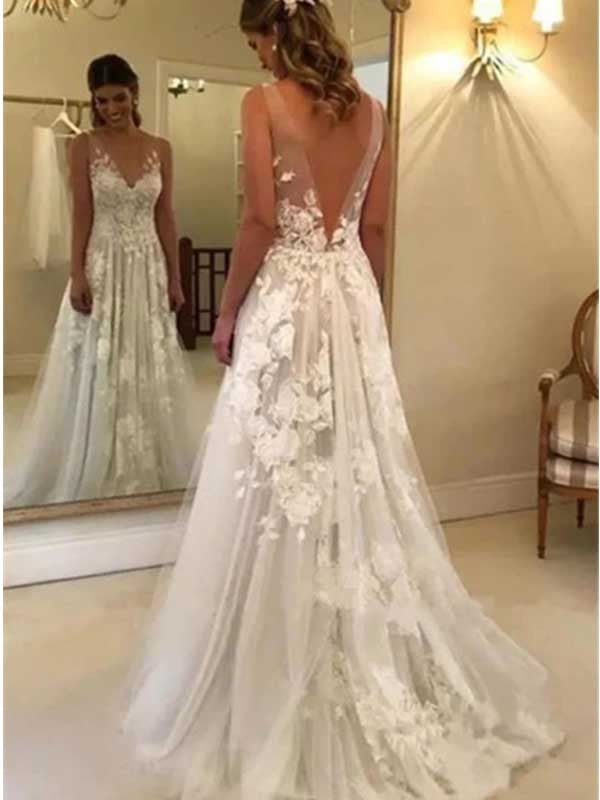 Vestido de noiva sexy com decote em V e aplicações em tule, sem costas, WD0492