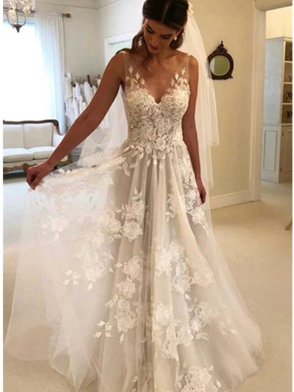 Vestido de noiva sexy com decote em V e aplicações em tule, sem costas, WD0492