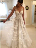 Vestido de noiva sexy com decote em V e aplicações em tule, sem costas, WD0492