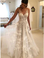Vestido de noiva sexy com decote em V e aplicações em tule, sem costas, WD0492
