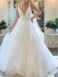 Bellissimo Abito da Sposa in Tulle Svasato Senza Maniche con Scollo a V Profondo e Balze, WD0494