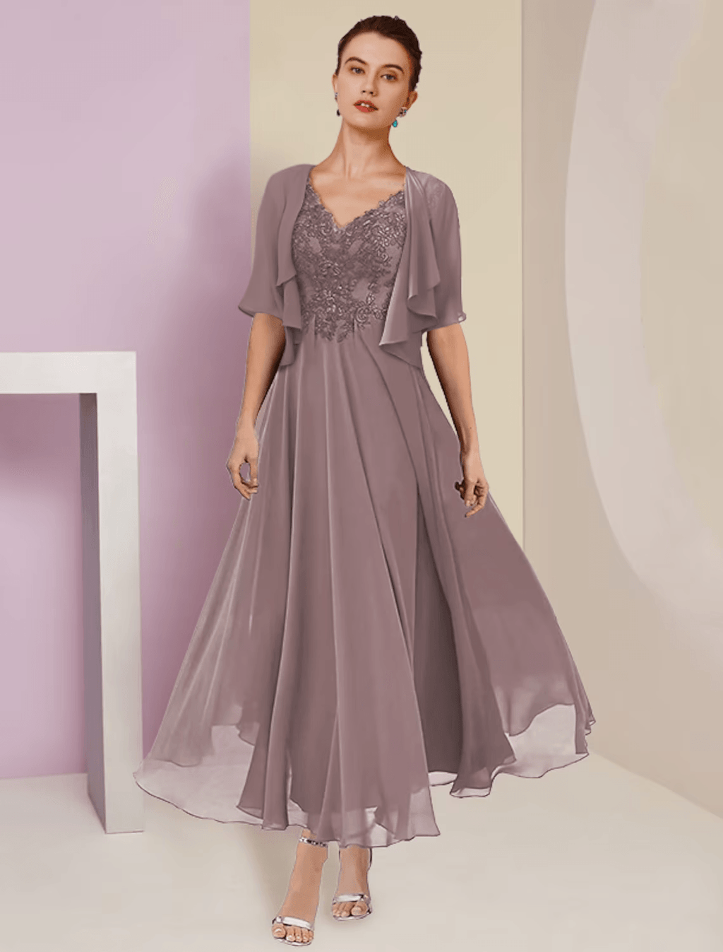 Zweiteiliges A-Linien-Kleid für die Mutter der Braut, formelle Hochzeitsgäste, eleganter V-Ausschnitt, knielang, Spitze, kurze Ärmel, Wickelkleid inklusive, mit Faltenapplikationen
