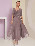 Abito Due Pezzi A-Line per la Madre della Sposa, Cerimonia Formale, Invitato al Matrimonio, Elegante, Scollo a V, Lunghezza Tè, Pizzo, Manica Corta, Avvolgente Incluso, con Piega Sottile e Appliques