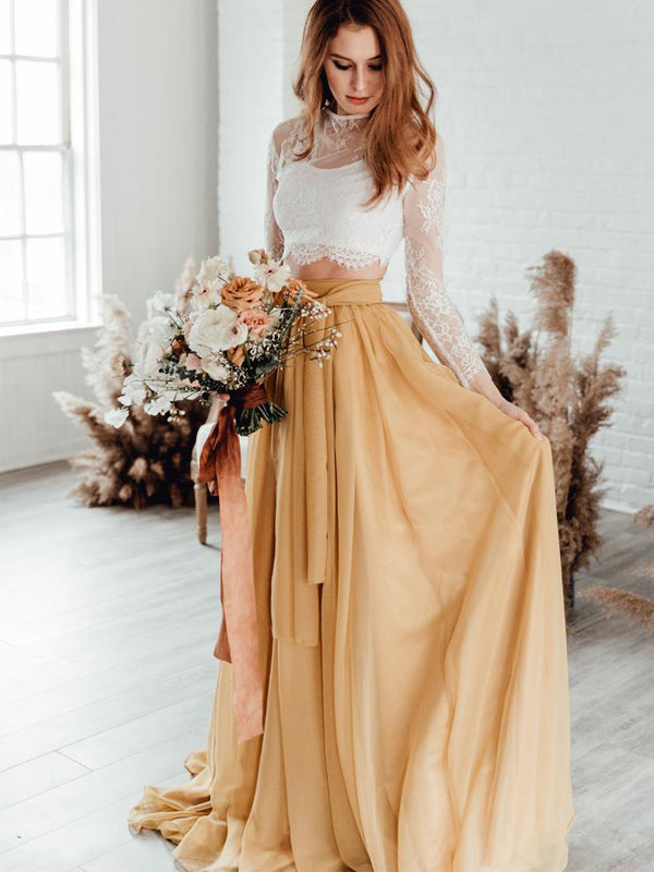 Vestidos de noiva compridos de duas peças, simples, em chiffon e renda, com mangas compridas, DB10687