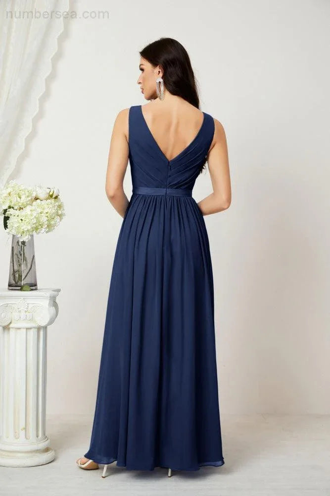 Abito da Sera Donna in Chiffon Lungo per Damigelle, Scollato, Senza Maniche, Linea A, per Feste Serali, Ballo di Fine Anno e Homecoming, Modello 2808