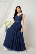 Abito da Sera Donna in Chiffon Lungo per Damigelle, Scollato, Senza Maniche, Linea A, per Feste Serali, Ballo di Fine Anno e Homecoming, Modello 2808
