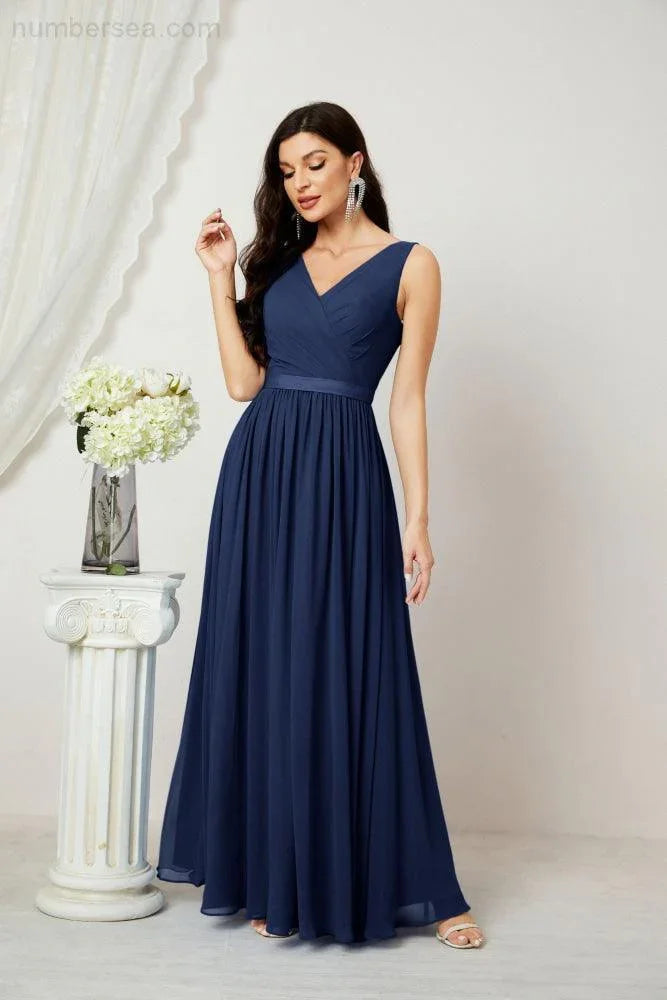 Abito da Sera Donna in Chiffon Lungo per Damigelle, Scollato, Senza Maniche, Linea A, per Feste Serali, Ballo di Fine Anno e Homecoming, Modello 2808