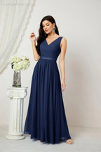 Abito da Sera Donna in Chiffon Lungo per Damigelle, Scollato, Senza Maniche, Linea A, per Feste Serali, Ballo di Fine Anno e Homecoming, Modello 2808