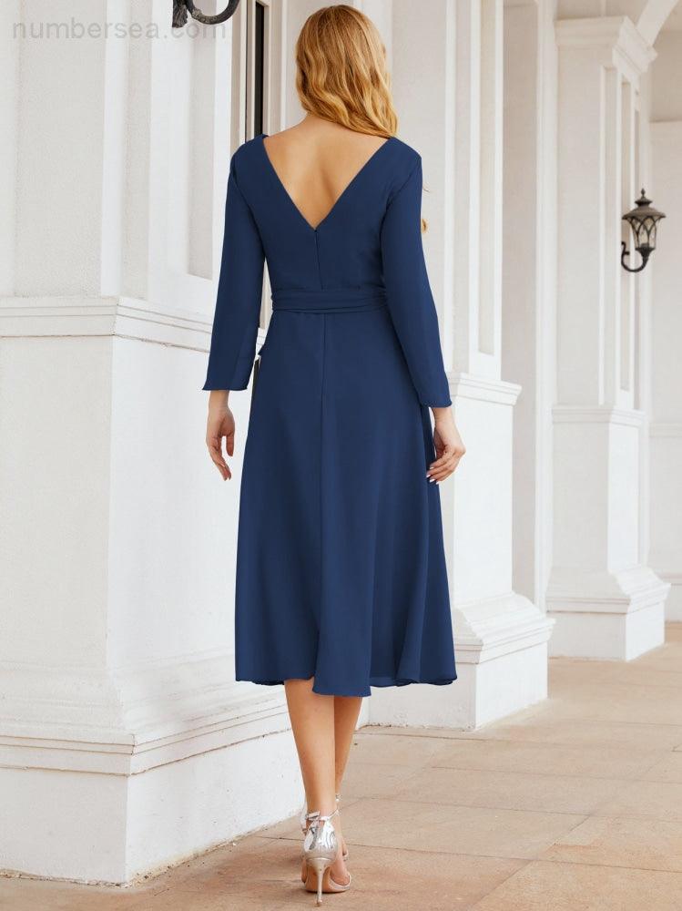 Vestido de madrinha com decote em V e cinto para mãe da noiva e convidada de casamento 28031 