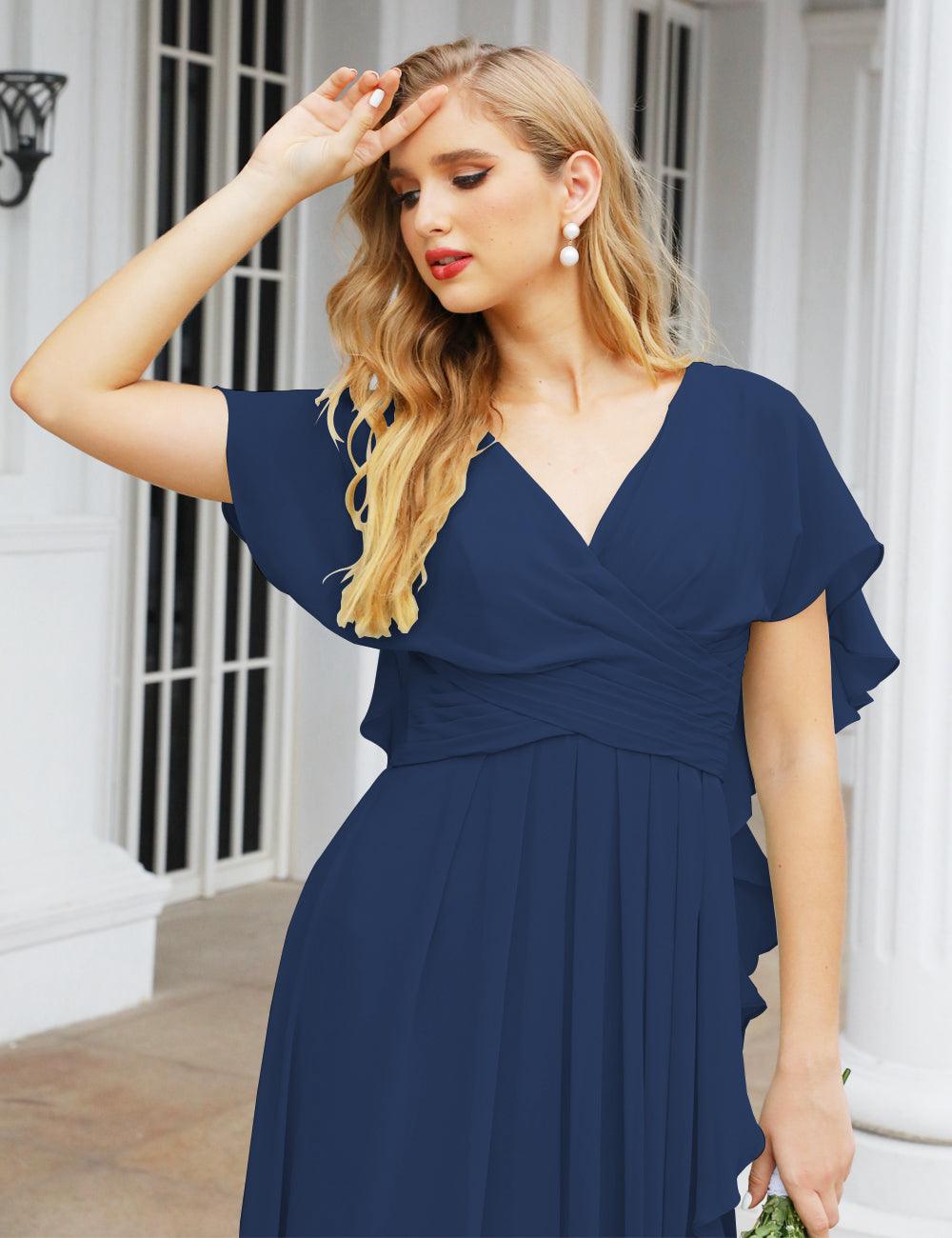 Numbersea Chiffon Bridesmaid Dresses Long Formal Evening Prom Mother of The Bride Dress with Flutter Sleeve     SEA28040