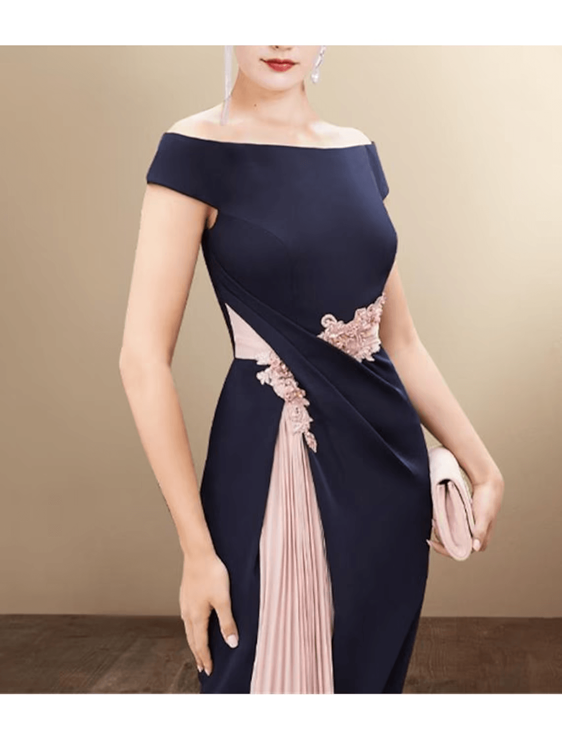 Vestido de mãe da noiva de duas peças, estilo coluna, para convidada de casamento, elegante, ombro de fora, comprimento até ao joelho, tecido elástico, sem mangas, casaco curto, com pregas, cristais, blocos de cor