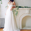 Abito da sposa economico e popolare estivo per spiaggia, scollato sulle spalle, lungo a linea A, in chiffon bianco, sexy, pizzo, WD0138