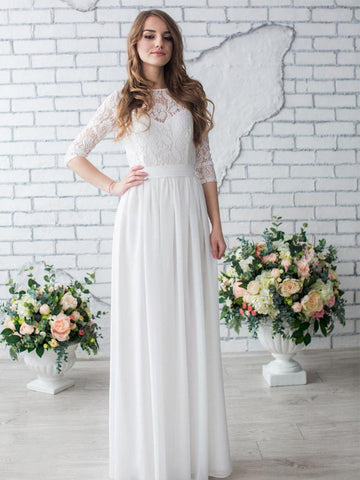 Erschwingliche, schlichte Chiffon-Spitze-Brautkleider mit 1/2 Ärmeln, DB10688