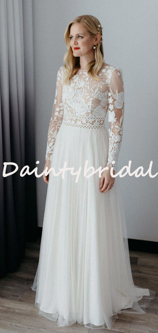 Abito da Sposa Semplice con Scollo Tondo, Maniche Lunghe e Pizzo in Tulle Lungo, DB10743