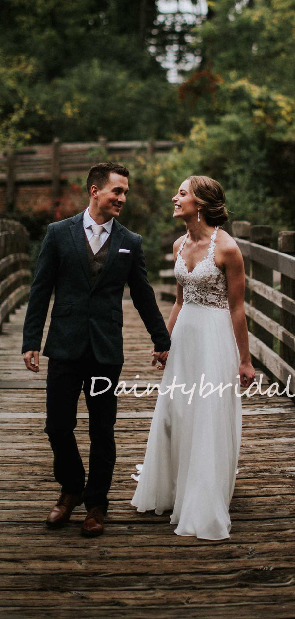 Vestidos de noiva compridos com decote em V, simples, em chiffon e renda, manga comprida, costas abertas, DB10690