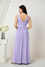 Abito da Sera Donna in Chiffon Lungo per Damigelle, Scollato, Senza Maniche, Linea A, per Feste Serali, Ballo di Fine Anno e Homecoming, Modello 2808