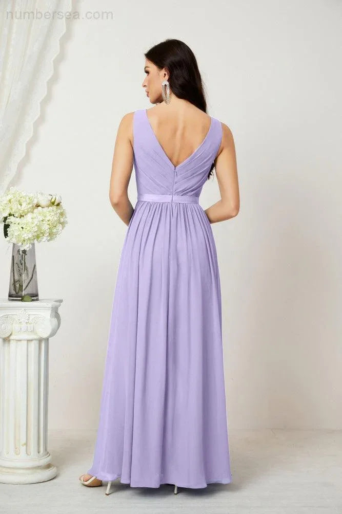 Abito da Sera Donna in Chiffon Lungo per Damigelle, Scollato, Senza Maniche, Linea A, per Feste Serali, Ballo di Fine Anno e Homecoming, Modello 2808