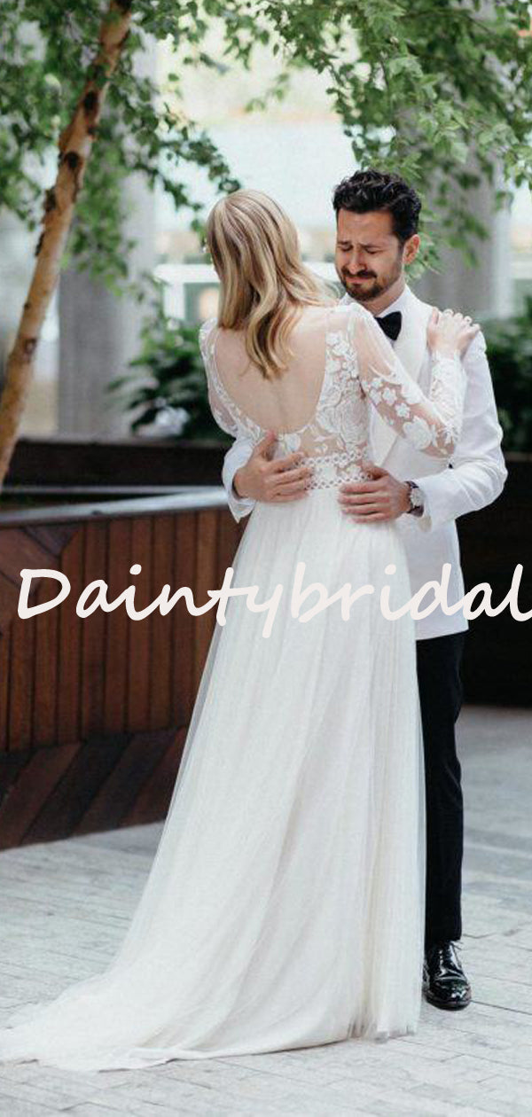 Abito da Sposa Semplice con Scollo Tondo, Maniche Lunghe e Pizzo in Tulle Lungo, DB10743