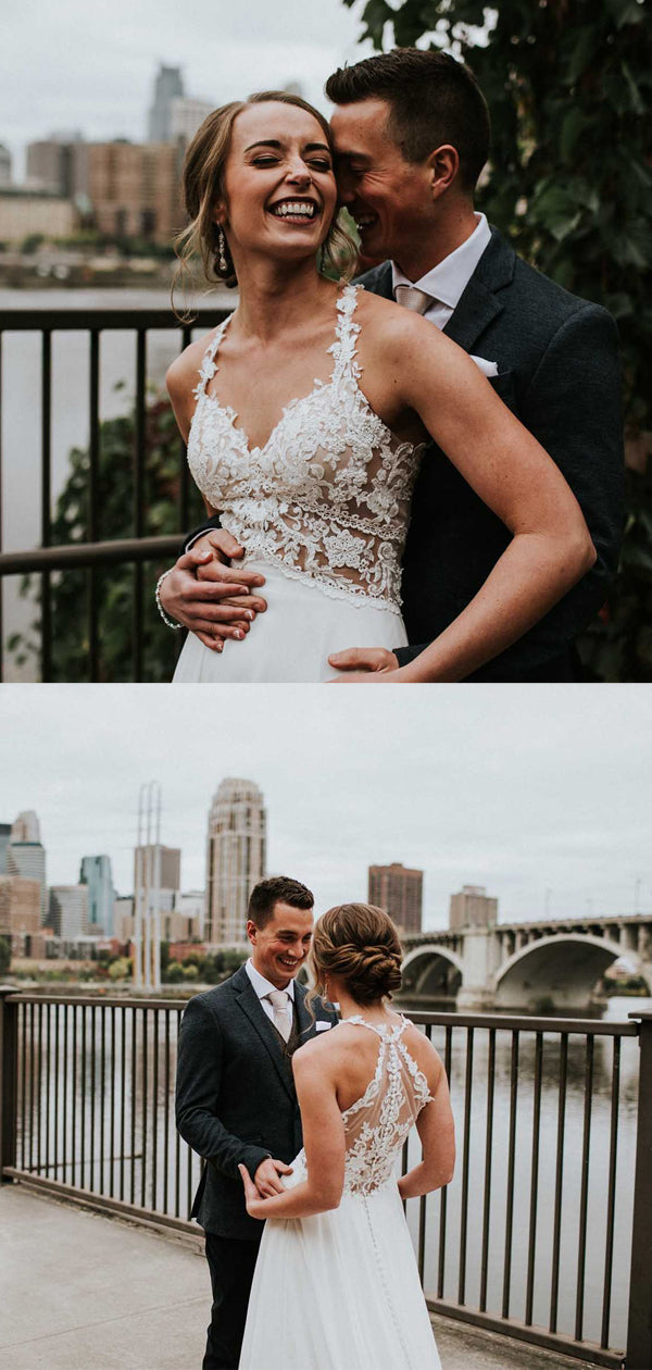 Vestidos de noiva compridos com decote em V, simples, em chiffon e renda, manga comprida, costas abertas, DB10690