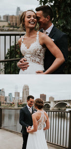 Vestidos de noiva compridos com decote em V, simples, em chiffon e renda, manga comprida, costas abertas, DB10690