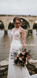 Vestidos de noiva compridos com decote em V, simples, em chiffon e renda, manga comprida, costas abertas, DB10690