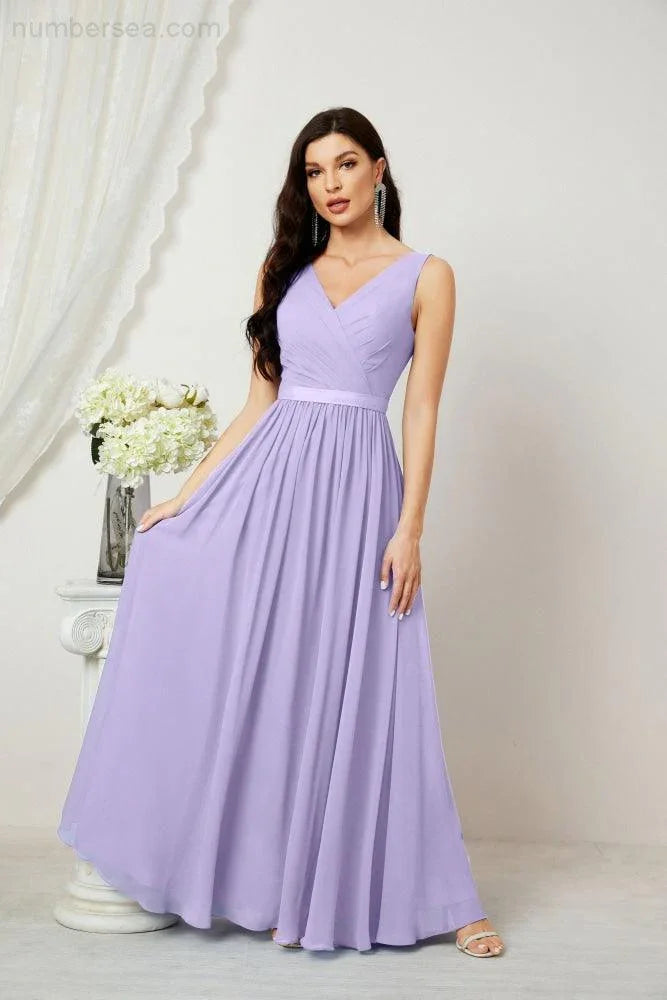 Abito da Sera Donna in Chiffon Lungo per Damigelle, Scollato, Senza Maniche, Linea A, per Feste Serali, Ballo di Fine Anno e Homecoming, Modello 2808