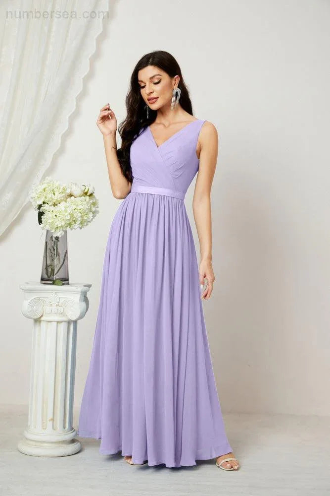Abito da Sera Donna in Chiffon Lungo per Damigelle, Scollato, Senza Maniche, Linea A, per Feste Serali, Ballo di Fine Anno e Homecoming, Modello 2808