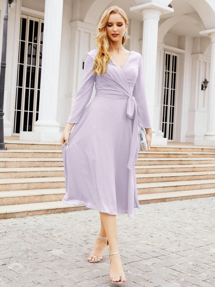 Vestido de madrinha com decote em V e cinto para mãe da noiva e convidada de casamento 28031 