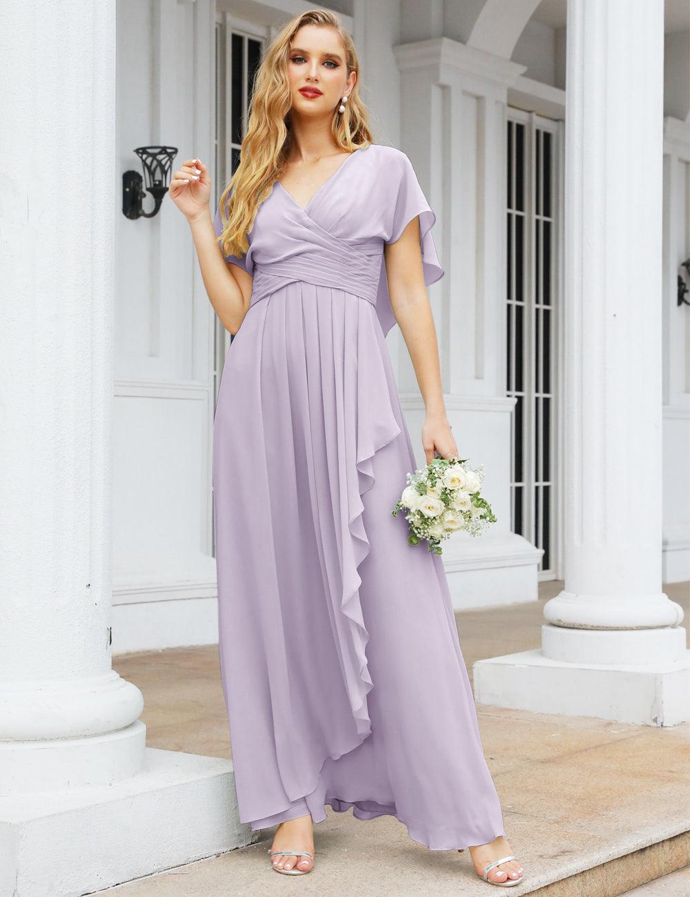 Numbersea Chiffon Bridesmaid Dresses Long Formal Evening Prom Mother of The Bride Dress with Flutter Sleeve     SEA28040
