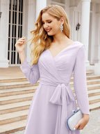 Vestido de madrinha com decote em V e cinto para mãe da noiva e convidada de casamento 28031 