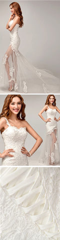 Schickes Design One-Shoulder-Spitzenoberteil Durchsichtig Sexy Meerjungfrau Lace Up Brautkleider, WD0143