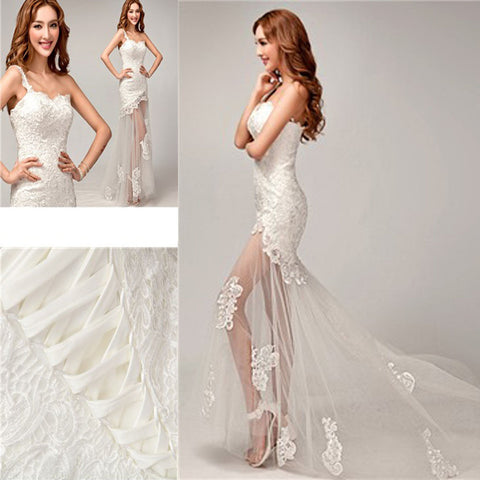 Schickes Design One-Shoulder-Spitzenoberteil Durchsichtig Sexy Meerjungfrau Lace Up Brautkleider, WD0143
