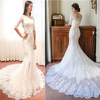Gorgeous Scoop Neck Half Sleeve Popular Mermaid Full Lace Chapel Trailing Wedding Dresses, WD0144