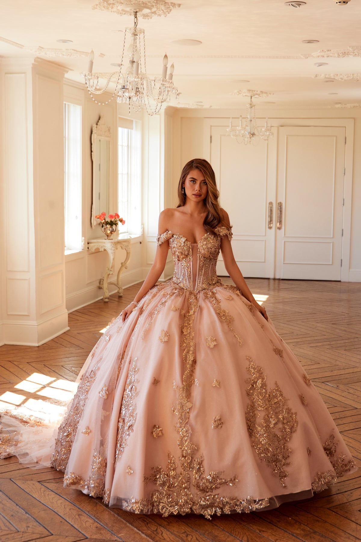 3D Butterfly Off Shoulder Ball Gown by Juliet JT1485J