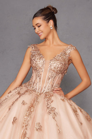 Schulterfreies Ballkleid mit 3D-Schmetterling von Juliet JT1485J
