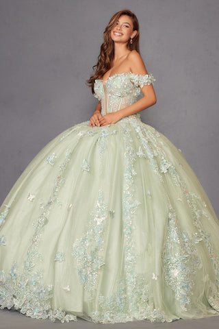 Schulterfreies Ballkleid mit 3D-Schmetterling von Juliet JT1485J